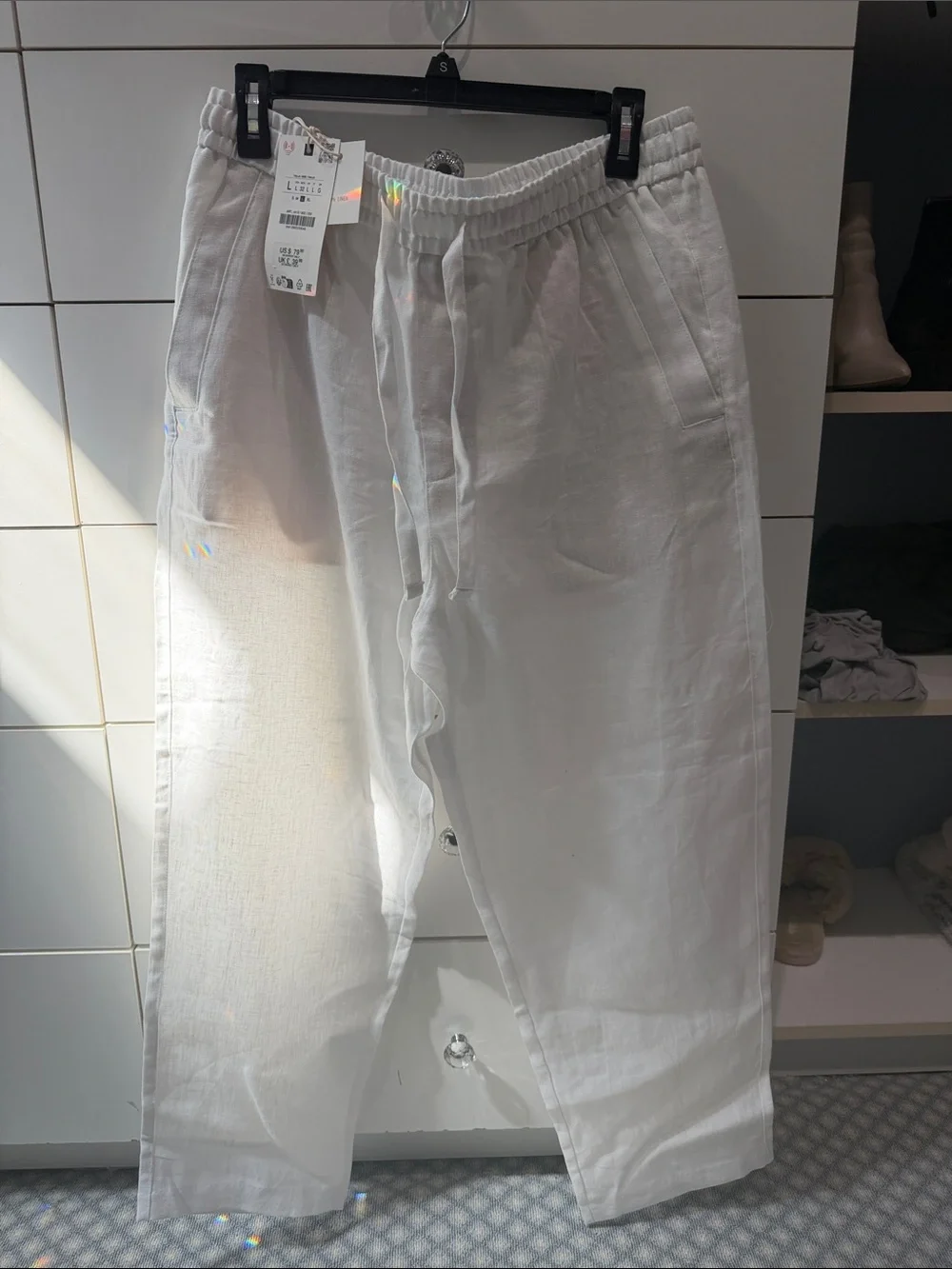 Zara White Linen-Blend Drawstring Pants